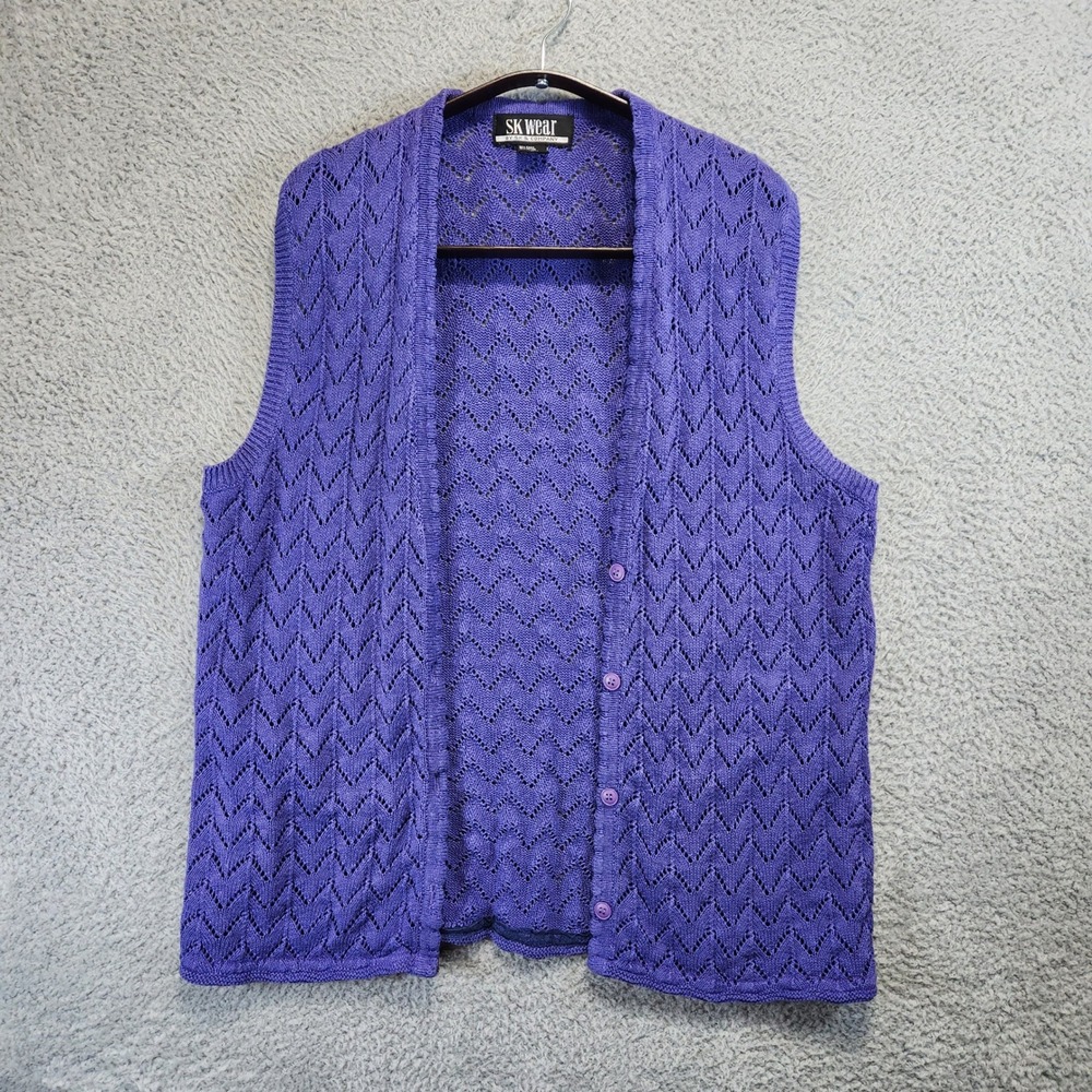 VTG SK Wear Purple Knit Button Front Sleeveless Cardigan Womens M‎ Ramie Blend